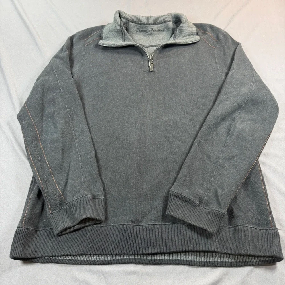 Tommy Bahama Mens Quarter Zip Pullover Sweater Contrast Stitch Marlin Logo